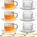 Atarvana 6 Pack Glass Tea Cups and Saucers Set with Spoons, Glazeal Stackable 5.41oz/160ml Heat-Resistant Espresso Cups, Transparent Tea Glass for Cappuccino, Latte, Cafe and Home Kitchen Use