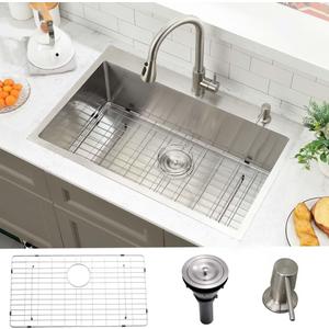 33 Inch Drop In Kitchen Sink-Wesliv 33x22 Stainless Steel Drop In Sink Top Mount 18 Gauge Deep Single Bowl Kitchen Sinks with Dish Grid &Soap Dispenser (Brushed Nickel)