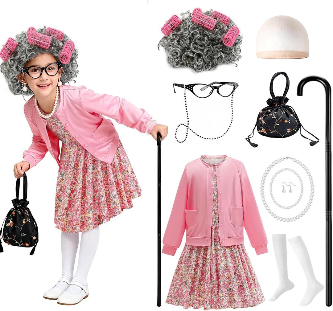 Gilrs 100th Day of School Costume Old Lady Costume Kids Grandma Dress up Accessories (8-9 Years)