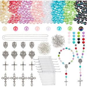 PH PandaHall 1187pcs Rosary Jewelry Making Kit, Flower Beads Acrylic Beads Resin Cross Crucifix Charms with Accessories Chain for DIY Ramadan First Communion Easter Necklace Bracelet Jewelry Making