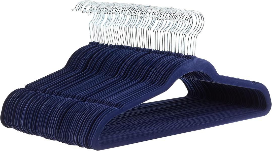 Slim Velvet Non-Slip Space Saving Suit Clothes Hangers for Closet Organization, Navy Blue/Silver, 50-Pack
