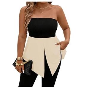 SOLY HUX Women's Plus Size Strapless Tube Tops Color Block Split Going Out Bandeau Tank Shirts Apricot and Black, X-Large Plus