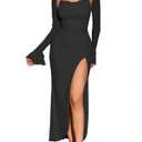 KUTUMAI Women's Sexy Long Sleeve Sequin Maxi Dress Halter Side Split Ruched Bodycon Formal Cocktail Party Dresses Medium