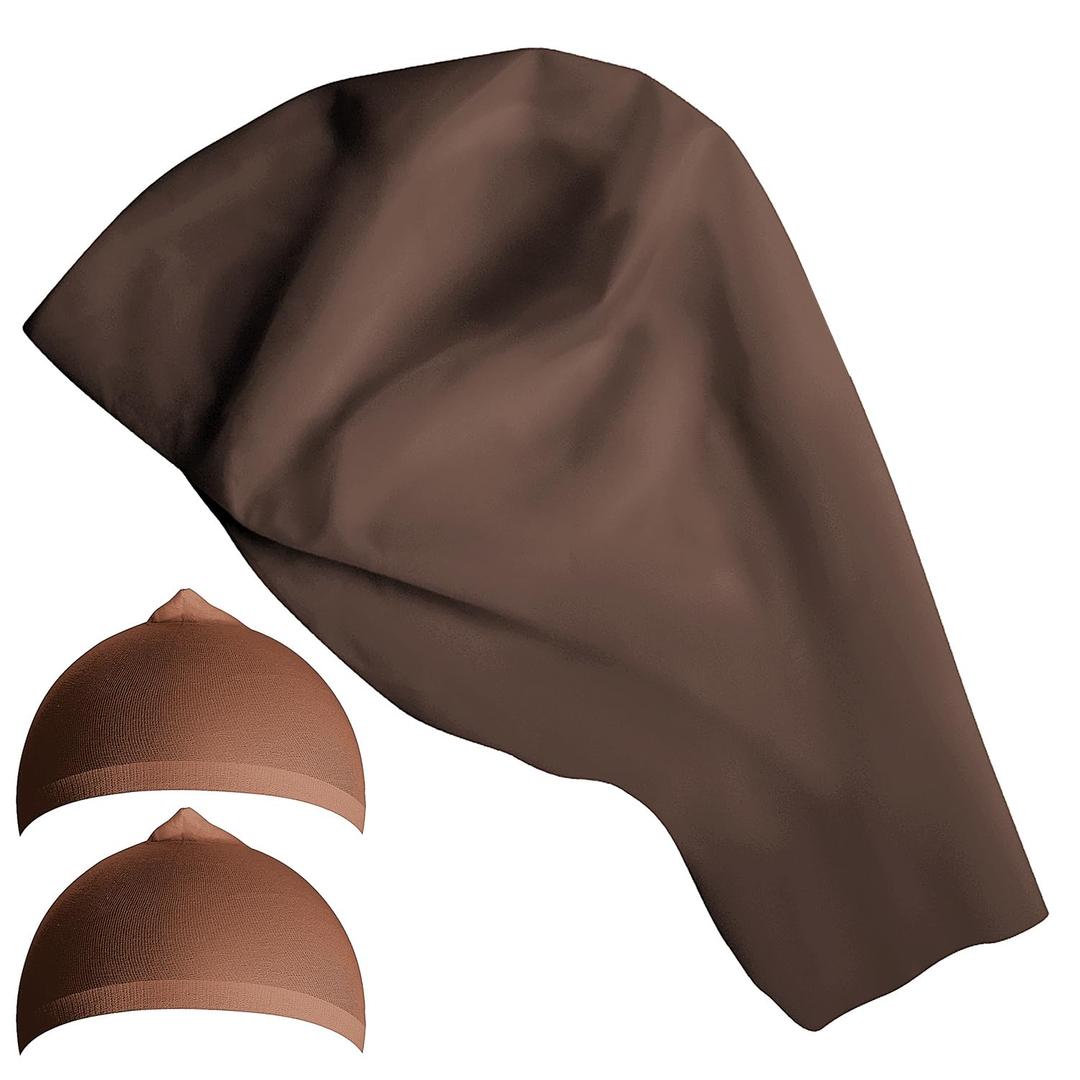 Iceyyyy 1 Pack Dark Brown Bald Cap,Elastic Halloween Bald Caps Brown Skin with 2 Hairnets,Black Latex Fake Wig Cap for Halloween Makeup Costume Theatre and Cosplay Party