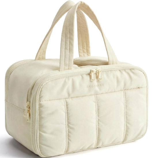 BAGSMART Travel Toiletry Bag, Puffy Large Toiletry Bag for Women, Lightweight Cosmetic Makeup Bag Organizer with Handle for Traveling, Accessories, Essentials, Toiletries （Beige
