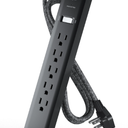 KMC 6-Outlet Surge Protector Power Strip 6 ft Cord, 1080J Power Surge Protector, Braided 6-Foot Long Extension Cord with Multiple Outlets, Power Strip Surge Protector, 6 Power Outlet Flat Plug, Black, Pack of 2