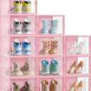 Shoe Storage, 12 Pack X-Large Shoe Organizer for Closet, Shoe Boxes Clear Plastic Stackable Shoe Storage Boxes for Size 13 (Pink)
