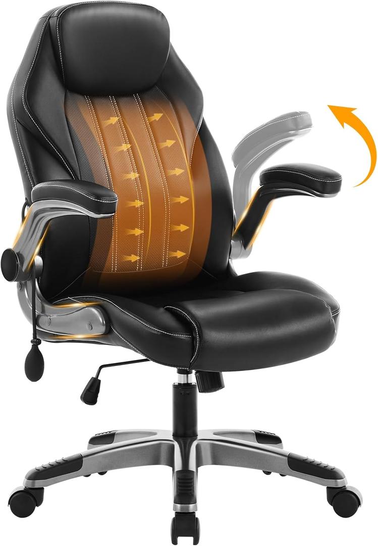 Office Desk Chair, Ergonomic Computer Chair with Padded Flip-Up Arms and Adjustable Lumbar Support, PU Leather Executive Chair with Tilt Lock and 360 Swivel Rolling Wheels for Work, Study (Black)