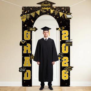 12 Pcs Graduation Decorations Class of 2026 Photo Booth Props 79" x 47" Black Gold Congrats Grad Door Banner Backdrop with 11 Decorative Cards Graduation Party Decor for High School College