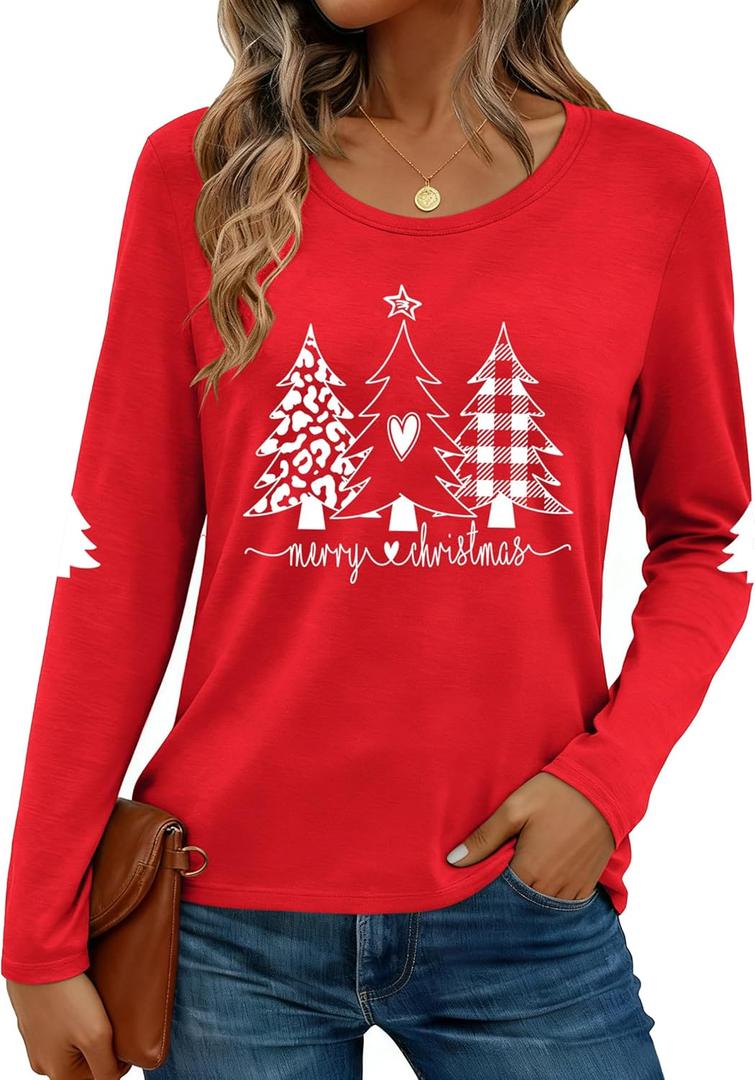Merry Christmas Shirts for Women: Christmas Tree Long Sleeve Xmas Blouse Tops (Large, Red1)