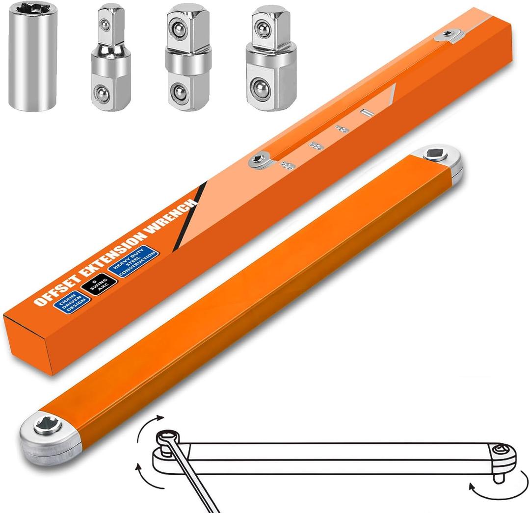 Offset Extension Wrench,15 Inch Impact Ready Socket Wrench Extender Tool Set with 1/2", 1/4" and 3/8" Square Drive Adapters, Zero Degree Ratchet Tool for Car Blue ﻿ (Orange)