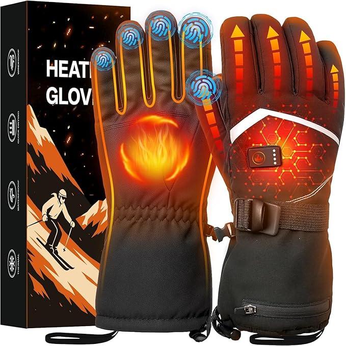 Heated Gloves, Rechargeable Heated Gloves for Men Women, Waterproof Electric Heating Ski Gloves with Touchscreen for Cold Weather Motorcycle Skiing Snowboarding Hiking Hunting Gifts, S