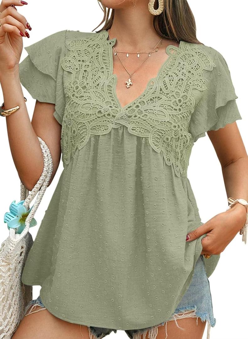 Womens Tops Boho Puff Short Sleeve V Neck Blouses for Women Dressy Casual Babydoll Cute Flowy Swiss Dot Shirts (Large, Green)