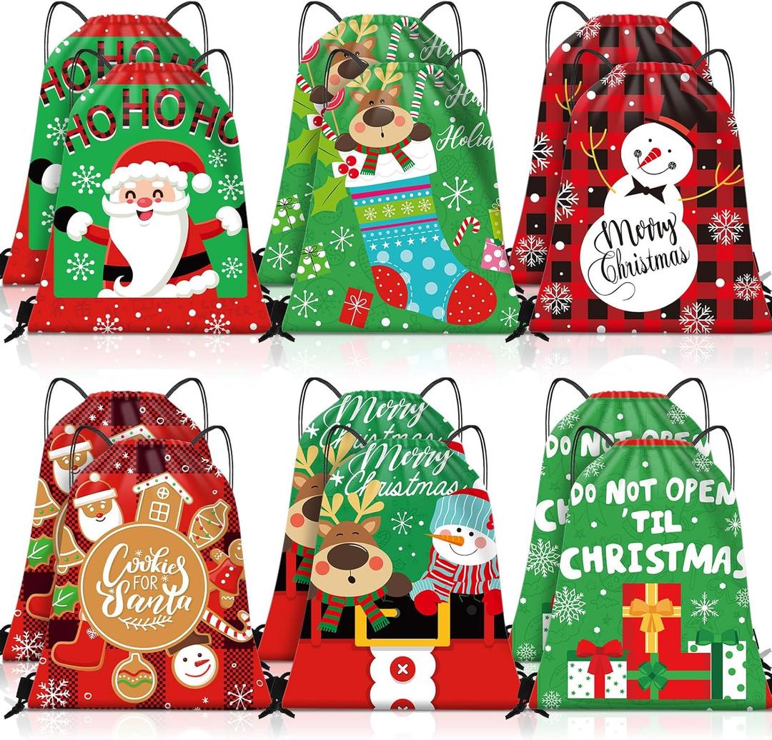 Locmeo 12 Pcs Christmas Drawstring Gift Bags Christmas Wrap Bags Sack Polyester Gift Wrapping Backpack with Wearable Drawstring for Holiday