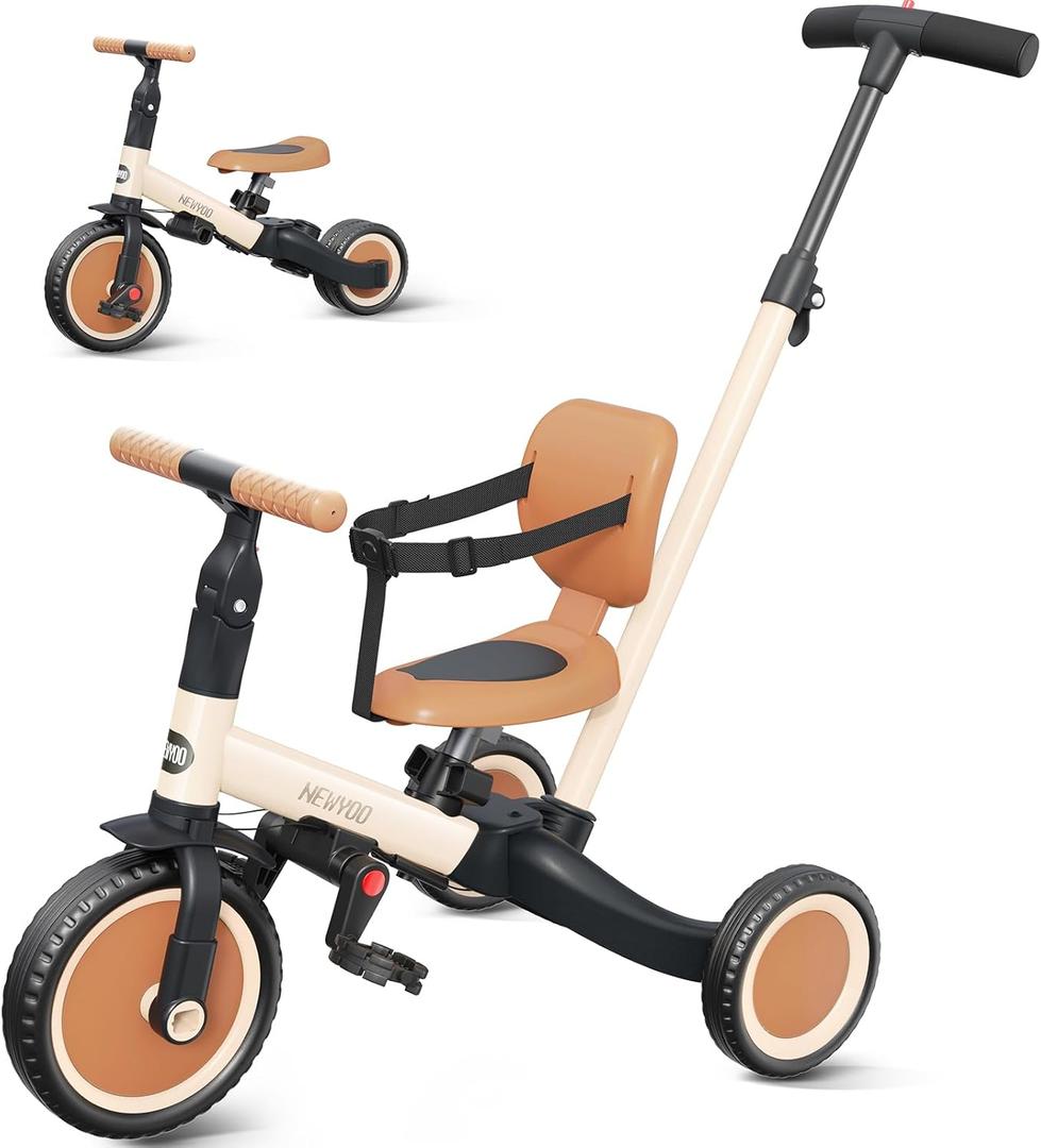 newyoo Toddler Tricycle with Push Handle for 1-3 Year Old, Toddler Bike, Birthday Gift and Toy for Boys and Girls, 5 in 1 Kids Trike, Balance Bike with Backrest and Safety Belt, Khaki, TR007
