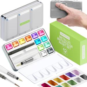 ARTISTRO Metallic Watercolor Paint Set - 12 Colors, Travel Set with Metallic Paints, Perfect for Kids and Adult Beginners