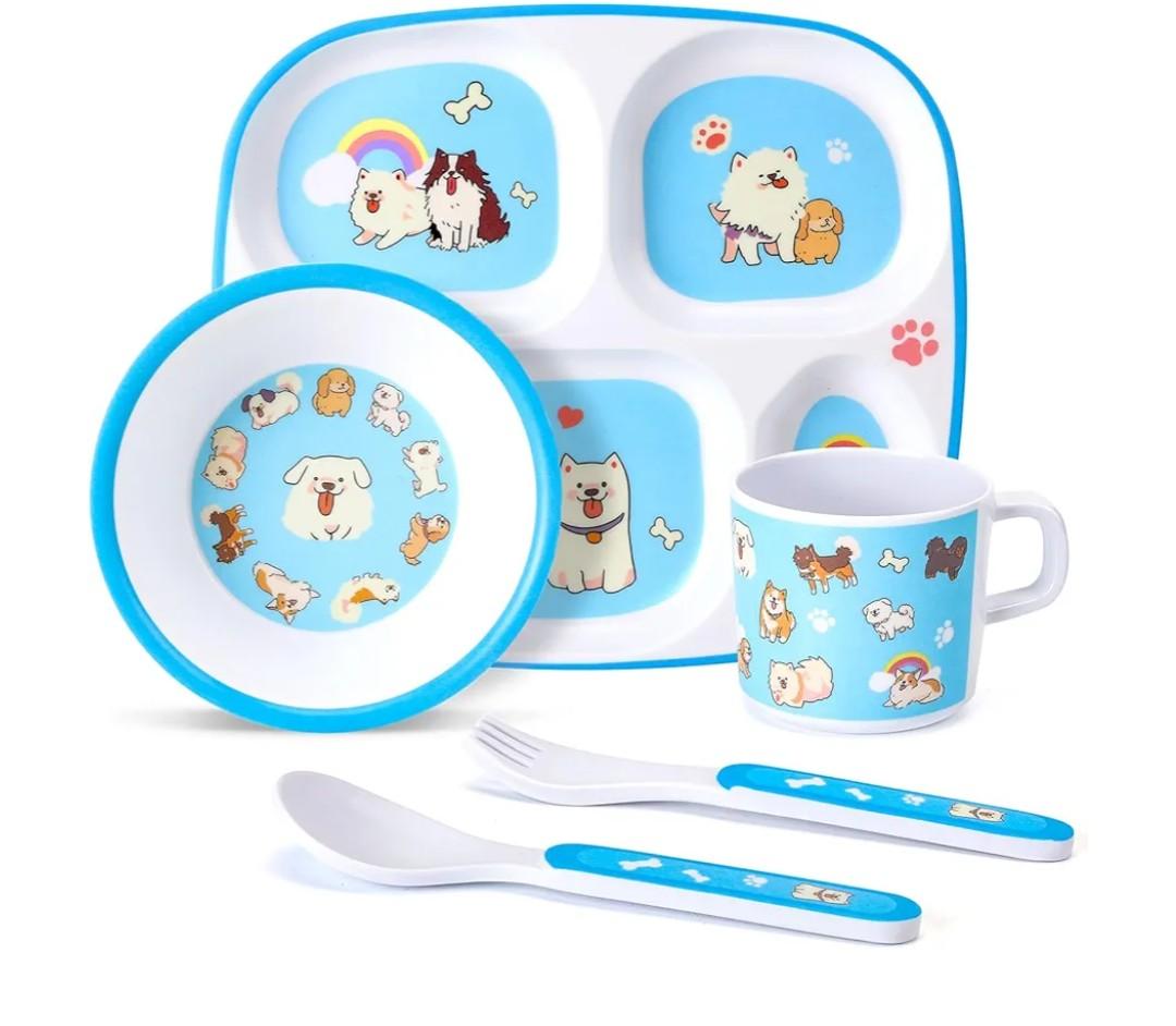 5-Piece Kids Melamine Dinnerware Set – Plate, Bowl, Cup, Fork & Spoon – BPA-Free, Durable & Lightweight Cartoon Set for Toddlers (Puppy Band)