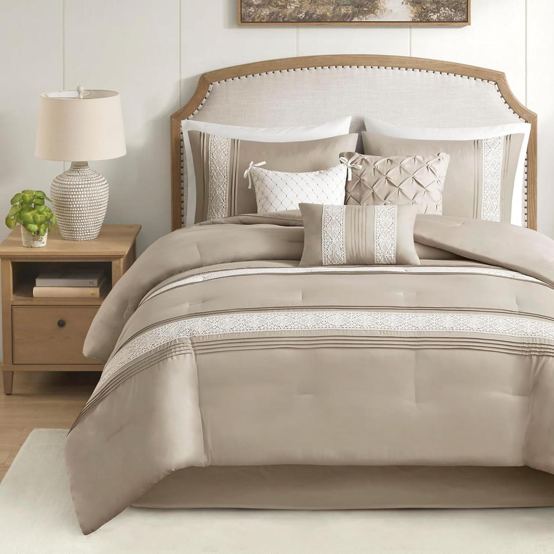 Madison Park Cal King Comforter Set, Farmhouse Comforter, Lace & Pintuck Design, Down Alternative, All Season Bedding Set, Bed Skirt, Shams & Decor Pillows, Taupe 7 Piece (California King, Taupe)