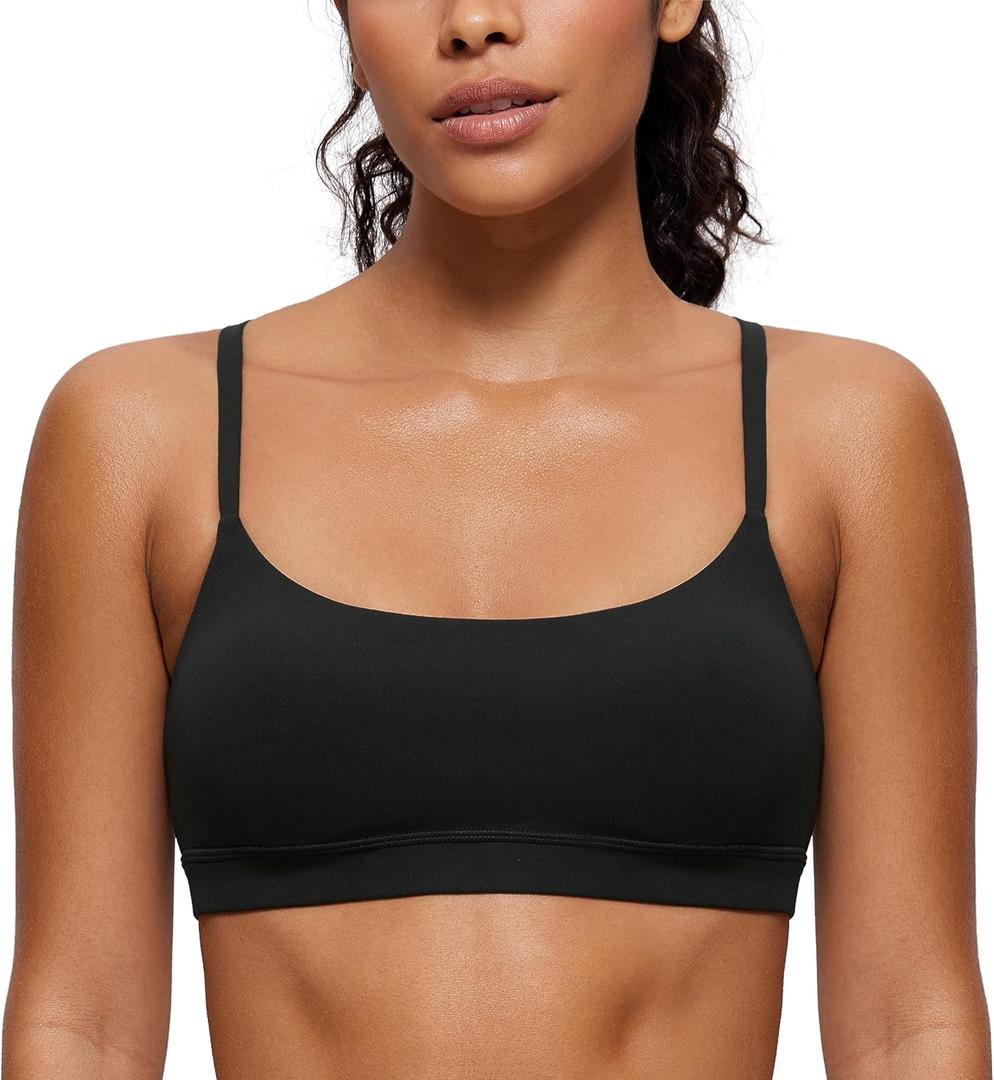 CRZ YOGA Butterluxe Adjustable Spaghetti Strap Sports Bras for Women - Scoop Neck Wireless Padded Yoga Workout Crop Top (Black, M)