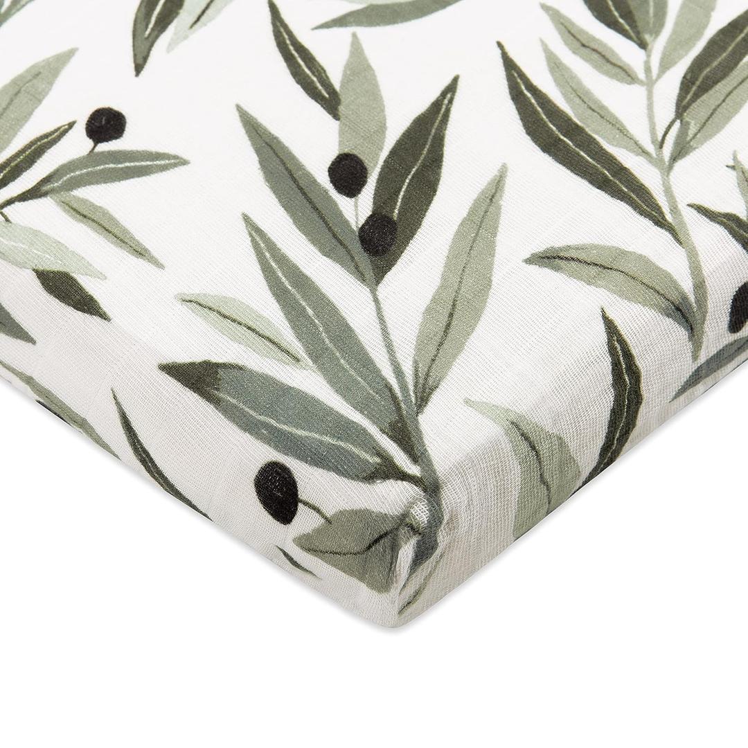 Babyletto 100% Organic Cotton All-Stages Midi Crib Sheet, GOTS-Certified, Fitted 360, Ultra-Soft and Breathable Muslin - Olive Branches