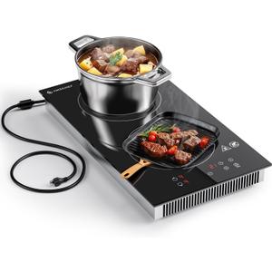 AMZCHEF Induction Cooktop 2 Burners, 12 Inch Bulit-in & Countertop Induction Stove with Plug 110V-120V, 9 Power Levels Electric Stove 1800W, Safety Lock, Timer, Touch Control for Fast Cooking