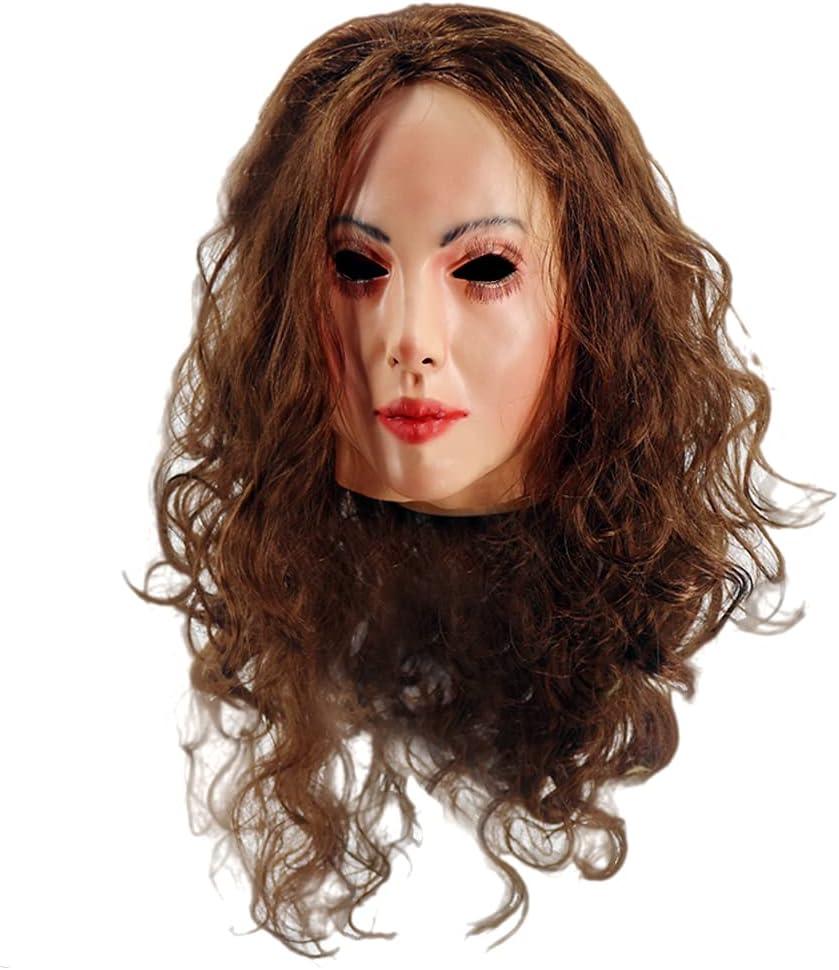 HENGYUTOYMASK Realistic Latex Female Woman Face Mask Halloween Latex Mask with Wig Lady Crossdressing Sissy Transgender Costume