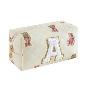 Small Quilted Cotton Initial A-Z Makeup Bag, Personalized Aesthetic Chenille Letter Travel Cosmetic Pouch with Bear Pattern, Cute Preppy Toiletry Organizer Bag, Gift Ideal for Women Girls(Bear M)