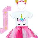 JiaDuo Girls Costume Rainbow Tutu Skirt with White Shirt, Headband & Satin Sash Rose Medium/ 2-4T