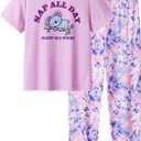 Little Big Girls Pajamas 2PCS Set Soft Cartoon Short Sleeve with Tie Dye Pants Sleepwear Teens PJS Clothes Size 6-16 (Pink, S)