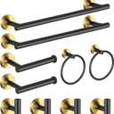 Bathroom Hardware Set Black and GoldTowel Bar Set Including 2pcs 16inch Towel Bars, 2pcs Toilet Paper Holders, 2pcs Towel Rings and 4pcs Robe Towel Hooks