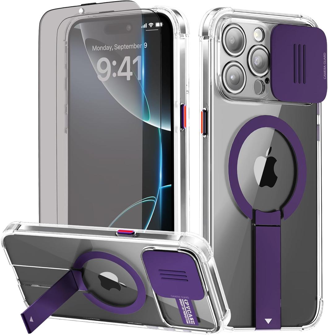 KPV for iPhone 15 Pro Max Case, Compatible with MagSafe, Camera Protection, Invisible Metal Stand, Clear Yellowing Resistant, with 2Pcs 9Htempered Glass Screen Protector(Purple)