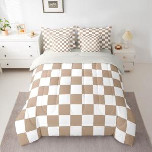 Feelyou Checkered King Comforter Set with Sheets for Kids Boys Girls Brown Plaid 7 Pieces Bedding Set Vintage Checkerboard Geometric Bed in a Bag Reversible Grey Room Decor Soft