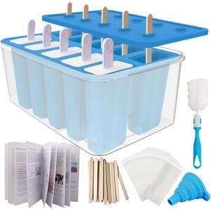 Homemade Popsicle Molds, 10-Cav Non-BPA Silicone Ice Pop Maker, with 50 Sticks, 50 Bags, 10 Reusable Sticks, Funnel, Brush and Ice Pop Recipe (Blue+Bin)