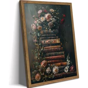 Framed Vintage Floral Wall Art – Moody Dark Flowers & Antique Books Oil Painting, Dark Academia Floral Canvas Wall Decor, Solid Wood Frame Picture for Living Room Office 16x12in