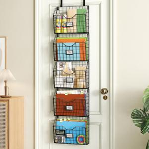 5-Tier Over the Door File Organizer, Stackable Hanging Wall Files Rack with Door Hooks Wall Organizers, SVertical Wall File Storage with Tag for Office Home and Work Easy Organizing - Black