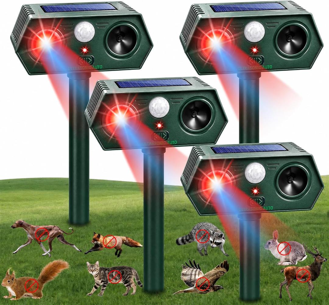 4Pack Solar Ultrasonic Animal Repeller with Red&Blue Light for Gardens, Farms and Courtyards, Outdoor Sonic Fortress Pro Deterrent for Deer, Raccoons, Squirrels, Cats, Rabbits, Skunks, Foxes & More