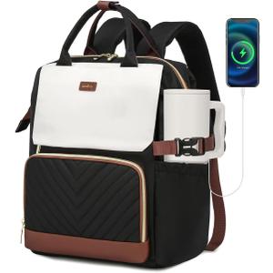 Bookbag for Women Laptop Backpack, Teacher Nurse Work Computer Bags with Cup Holder & USB Charger for Travel, School Bag College Back Pack for Girls, Black/White/Brown
