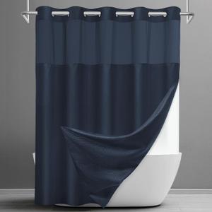 SORTTO No Hook Shower Curtain with Snap in Liner Set Waffle Shower Curtain for Bathroom Hotel Style Fabric Waterproof Inner Liner71" W x 74" H, Navy Blue