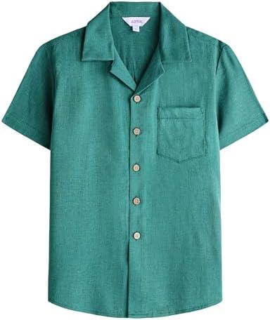 AOTIK Boys Linen Shirts Button Down Short Sleeve Casual Summer Beach Shirt Cuban Collared Shirt with Pocket 10