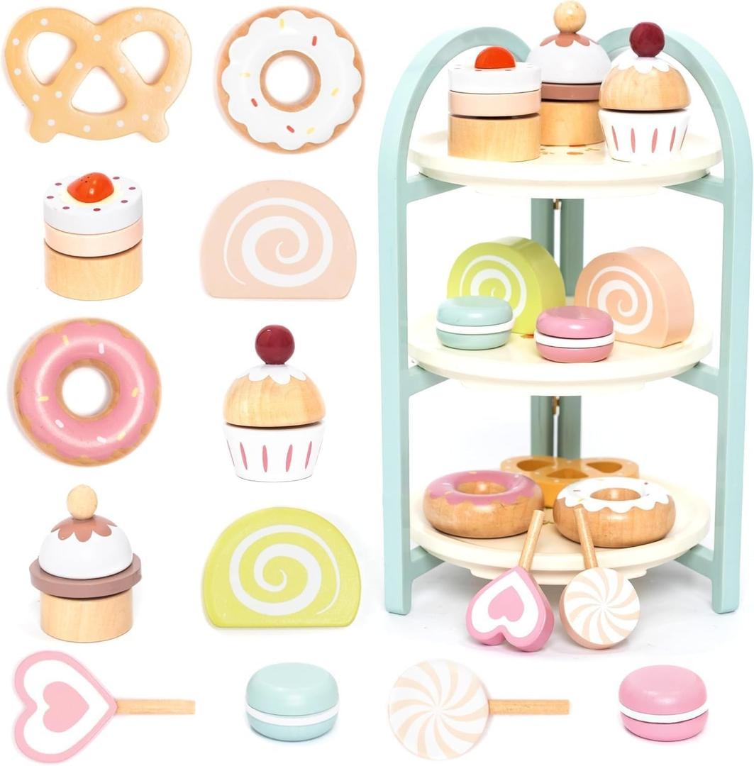UMU® Wooden Dessert Playset – Pretend Play Kitchen Toy with Stand, Cupcakes, Donuts, Macarons, Candy & More – Wooden Play Food Set for Kids Ages 3 4 5 6