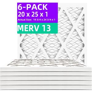 20x25x1 MERV 13 (6-Pack) Pleated Air Filter (Actual Size: 19.75"x24.75"x0.75") MPR 1900 & FPR 10, Furnace Air Filters, 20x25x1 air filter
