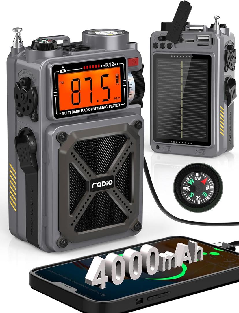 Digital Shortwave Radio with Bluetooth 5.4,AM/FM/SW with NOAA Weather Alert, 4000mAh Emergency Radio Hand Crank Solar,5W Speaker/SOS/Flashlight/Support SD Card USB MP3 Player for Emergency