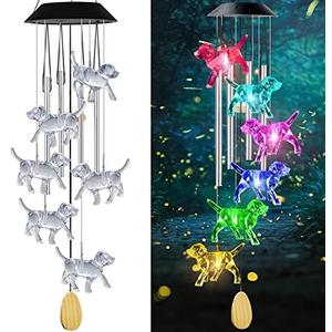 AIONASA Dog Solar Wind Chimes with 4 Music Aluminum Tubes, Dog Wind Chimes of Outside, 7 Colors Changing Outdoor Waterproof Crystal Dog LED Wind Bell, Home Party Yard Garden Decor