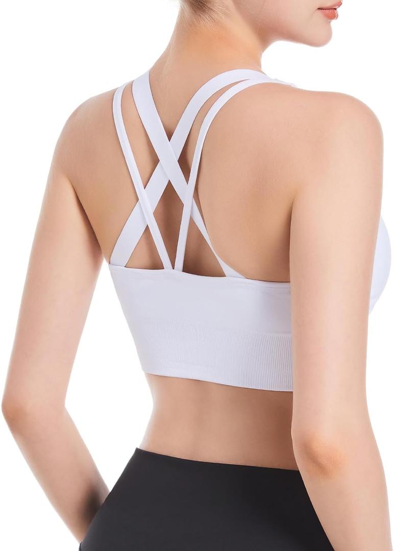 2 x Sports Bras for Women, Criss-Cross Back, Adjustable Wire-Free Medium Support Workout Bra with Removable Cups (White)