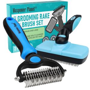 Maxpower Planet Dog Rake and Dog Hair Brush - Gently Removes Loose Undercoat, Mats and Tangled - Deshedding Grooming Tool for Dogs & Cats - Self Cleaning Slicker Brush - All Hair Types (Large)
