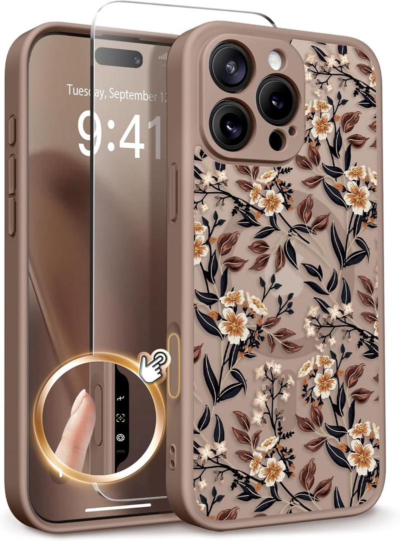 GVIEWIN for iPhone 16 Pro Case Compatible with MagSafe, [Military Grade Protection] [Screen Protector] Full Camera Protection Floral Translucent Women Magnetic Phone Case, Bunchflower/Brown