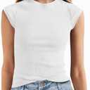 Tankaneo Womens Cap Sleeve Tops Crew Neck Ribbed Knit T Shirt Summer Casual Slim Fit Basic Tees Tshirt (White, L)