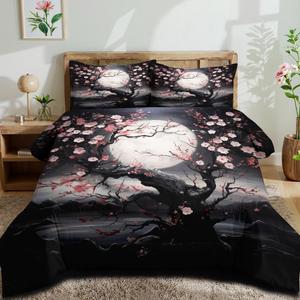 CCoutueChen Japanese Style Cherry Blossom Comforter Set King Pink Cherry Blossoms Bedding Black Floral Bedding Set 3Pcs Oriental Comforter Asian Art Decorative Bedding Comforter Set for All Season