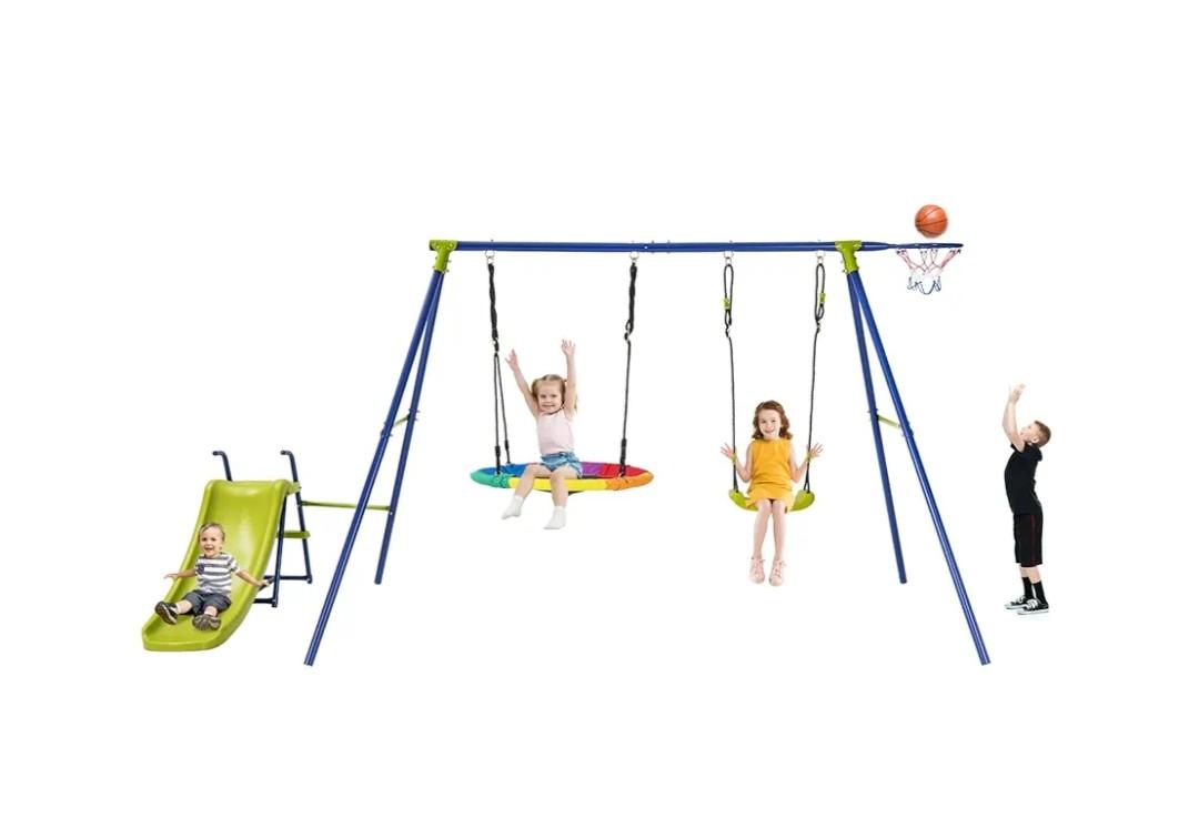 Costzon Swing Sets for Backyard, 4-in-1 Heavy Duty Large Metal Swing Frame w/2 Adjustable Swings, Slide, Basketball Hoop, Play Equipment for Indoor Outdoor Gift Kids 3-12 Years Old