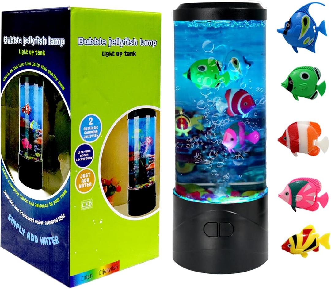 Toycol Bubble Fake Fish Lamp, Sensory Aquarium Lamp with 5 Floating Fake Fish & 7 Colors Light, Night Light for Relax and Decoration, Ideal Gift for Kids and Adults